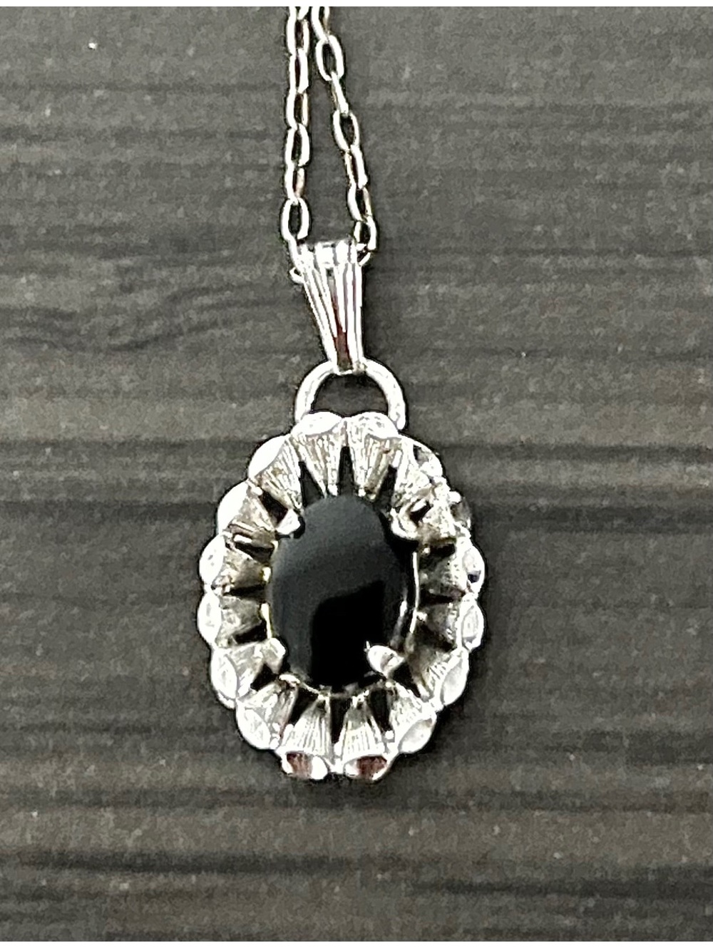 Vintage Sterling Silver Black Onyx Floral Pendant Necklace 18" Hallmarked R